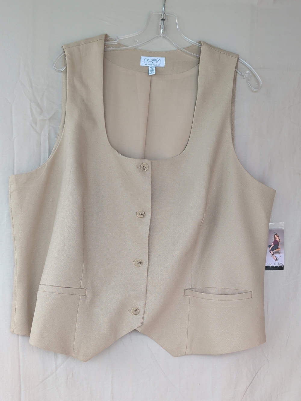 sofia by sofia vergara Beige Tailored Linen Button Vest Minimalist Business Fun